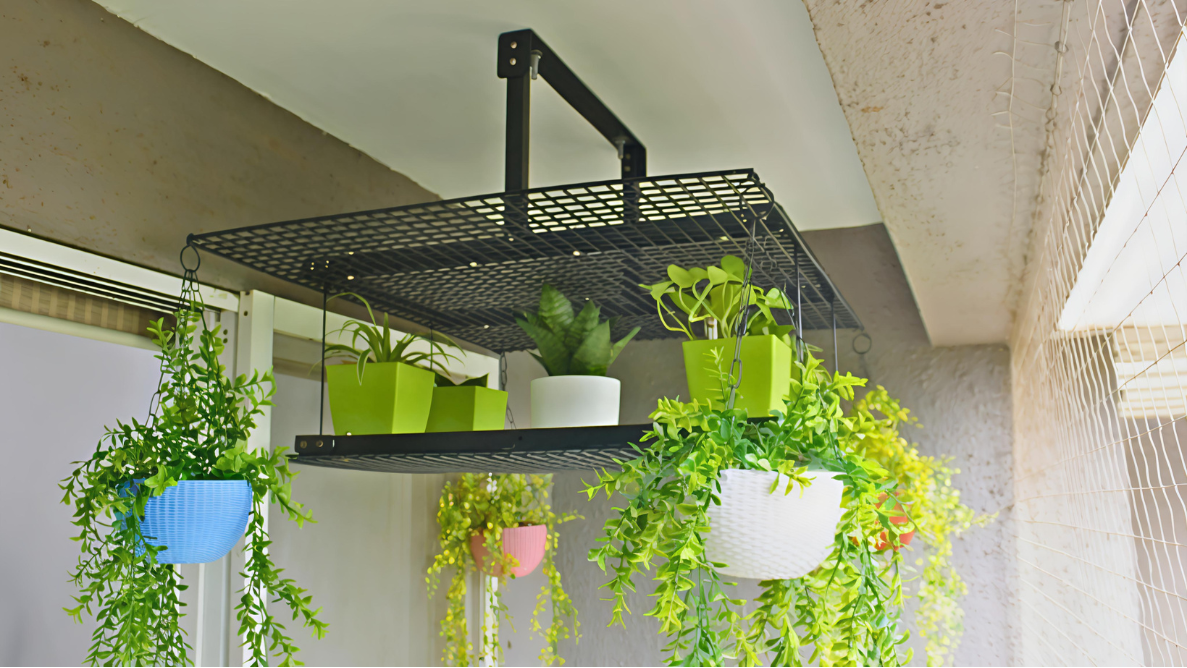 Black Sora Ceiling-Mounted Rack for Pots & Hanging Plants